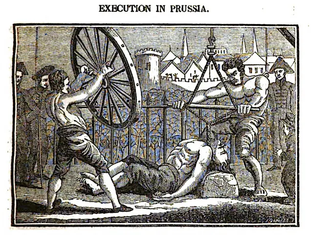 The image shows a poster depicting a scene of execution in Prussia, with two men holding a wheel...