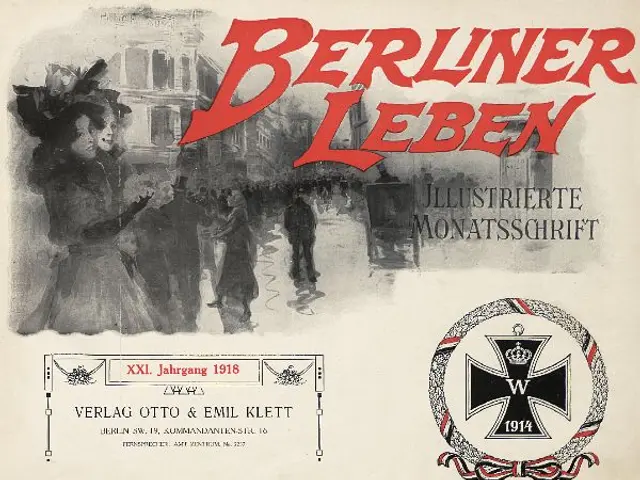 The image shows an old book with a picture of a group of people on it, along with text and a logo....