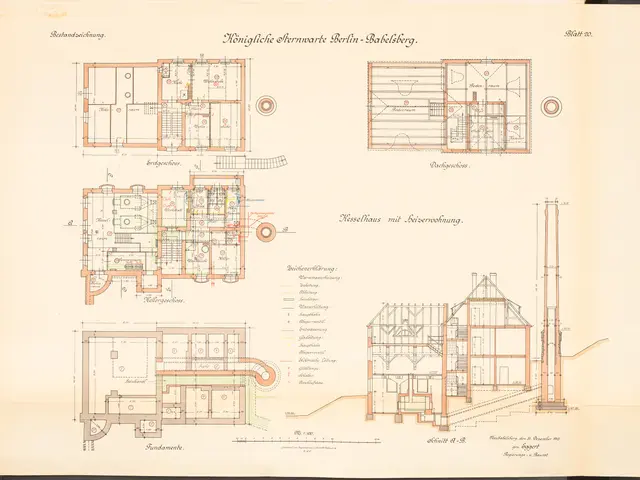 The image shows an old book with a drawing of a building on it, which is the original plan of the...