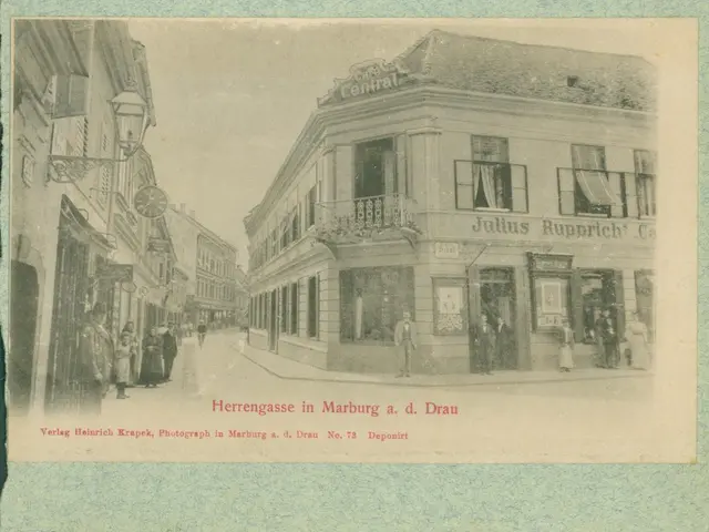 The image shows an old photo of a street scene in Marburg, Germany, with buildings, people, and a...