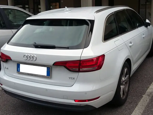 The image shows a white Audi A4 Avant 2.0 TDI Quattro Tiptronic S Tronic S Line parked on the road...
