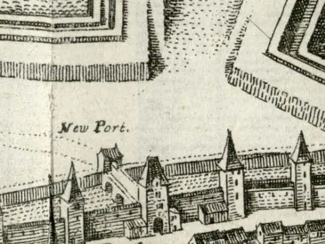 The image shows an old map of the city of New Port, with a drawing of the buildings and text on the...