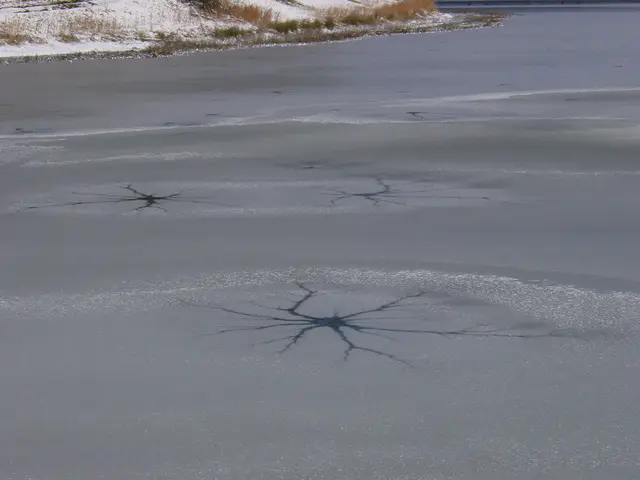 The image shows a frozen lake with a large crack in the middle of it, surrounded by snow and grass....