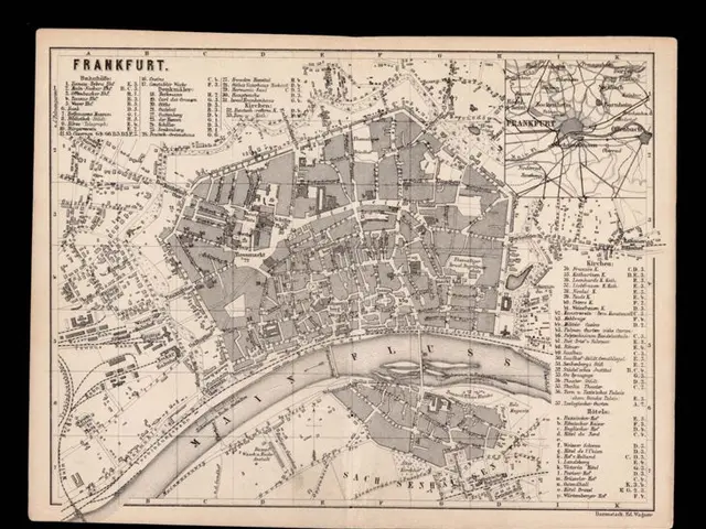 The image shows an old map of the city of Frankfurt, Germany, with a black background. The map is...