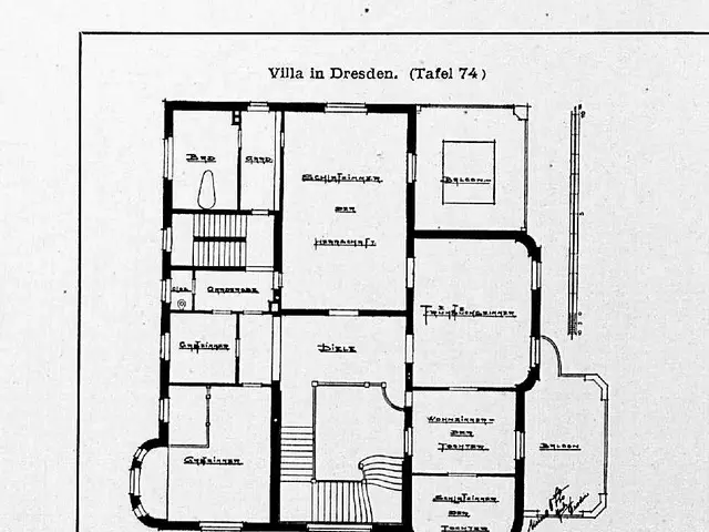 The image shows a black and white drawing of a floor plan of a house with a lot of rooms, which is...