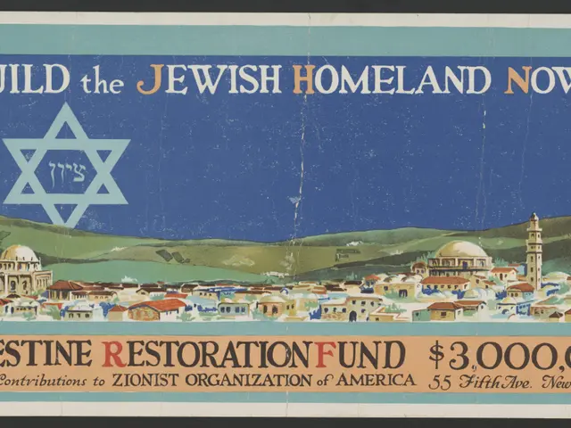 The image shows a poster with text and images of buildings, hills, and a star symbol against a...