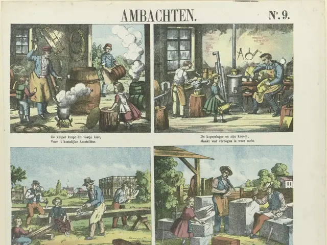 The image shows a page from a book with a drawing of a group of people working in a factory,...