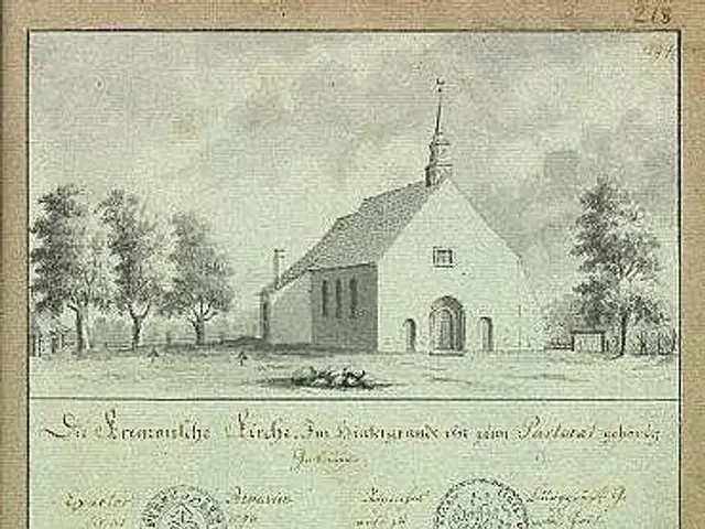 The image shows an old document with a drawing of a church in the background, surrounded by trees...
