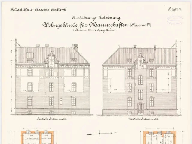 The image shows a drawing of a building with a lot of windows and a floor plan, which is likely the...
