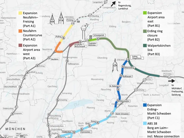 The image shows a map of a city with a route of a train from Munich to Frankfurt highlighted. The...