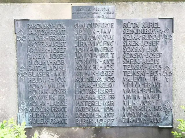 The image shows a plaque on the side of a stone wall with text inscribed on it, surrounded by...