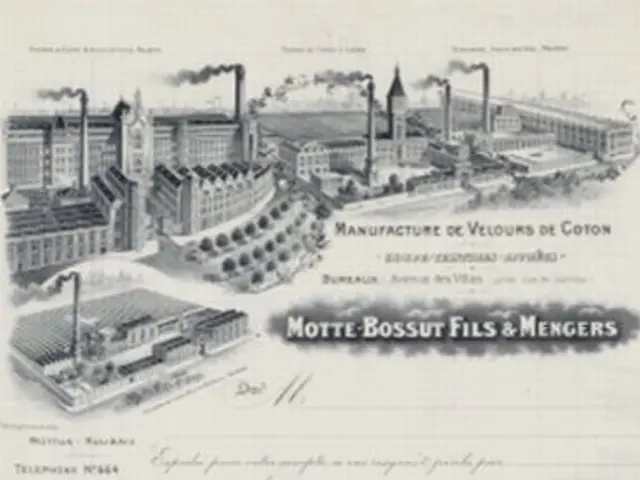 The image shows a black and white drawing of a factory with smoke coming out of its chimneys,...