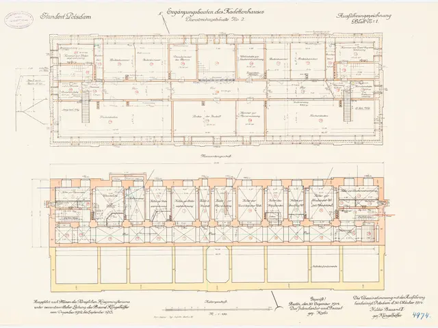 The image shows a drawing of a floor plan of a building with a lot of rooms, which is believed to...