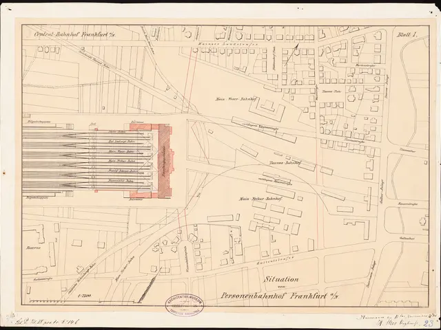 The image shows an old map of the city of Frankfurt, Germany, with a black background. It is a plan...