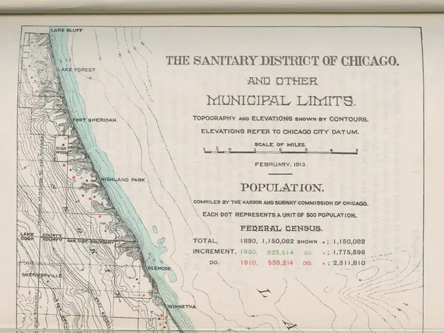 The image shows an old map of the Sanitary District of Chicago, with text detailing the municipal...