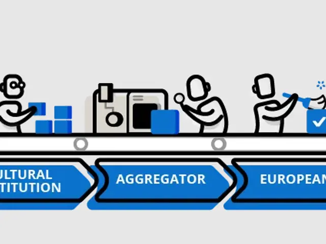 The image shows an animated scene of people, machines, boxes, and other objects, with the words...