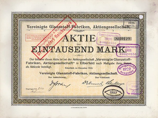 The image shows an old German stock certificate with a red stamp on it. The certificate has text...