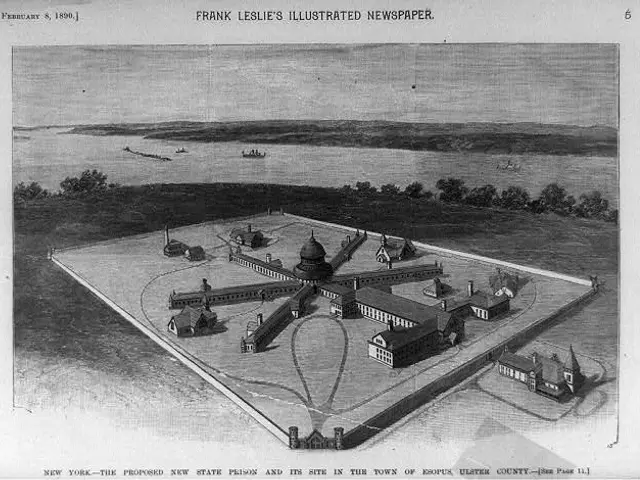 The image shows a black and white drawing of a large building in the middle of a field, surrounded...