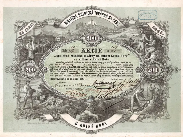 The image shows an old stock certificate with a picture of a group of people on it. The certificate...
