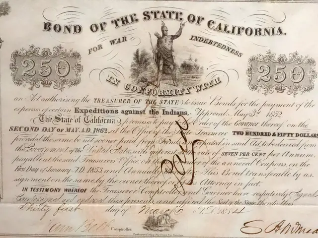 The image shows a bond of the state of California stock certificate with text and numbers written...