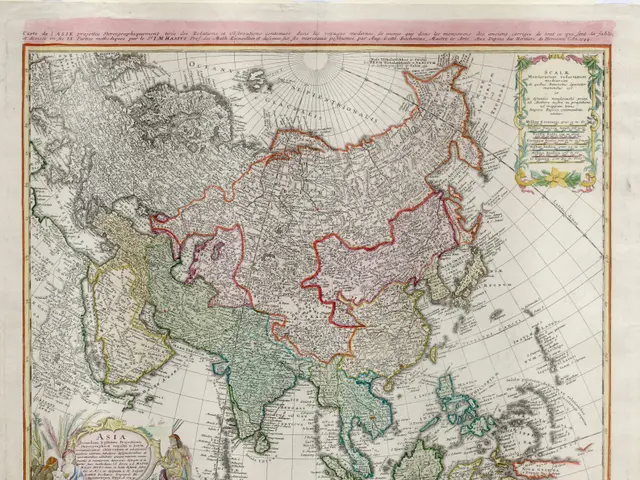 The image shows a poster of a map of Asia with the provinces of China and the British Empire. The...