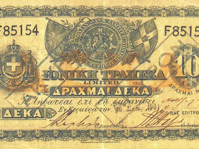 The image shows an old 10 aeka banknote from Greece with a picture of a man on it. The note has...