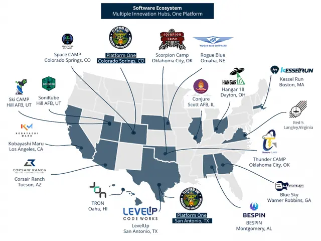 The image shows a map of the United States with logos of various companies, indicating the...