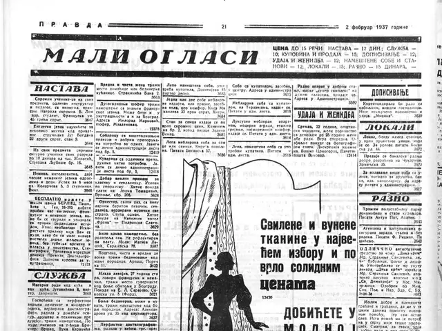 The image shows the front page of a newspaper with a black and white image of a woman in a dress....