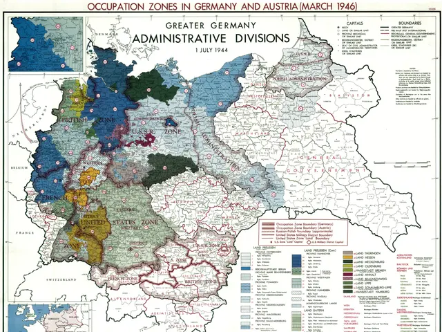 The image shows a poster of a map of Germany and Austria during World War II, depicting the...