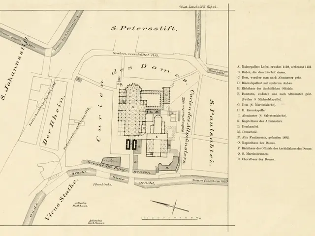 The image shows an old map of the city of St. Petersburg, Russia, with a building in the center....