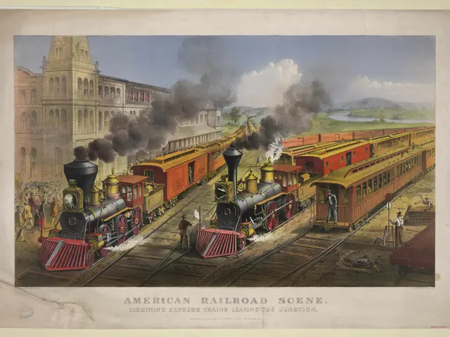 The image shows an American railroad scene with a train on the tracks, surrounded by people,...