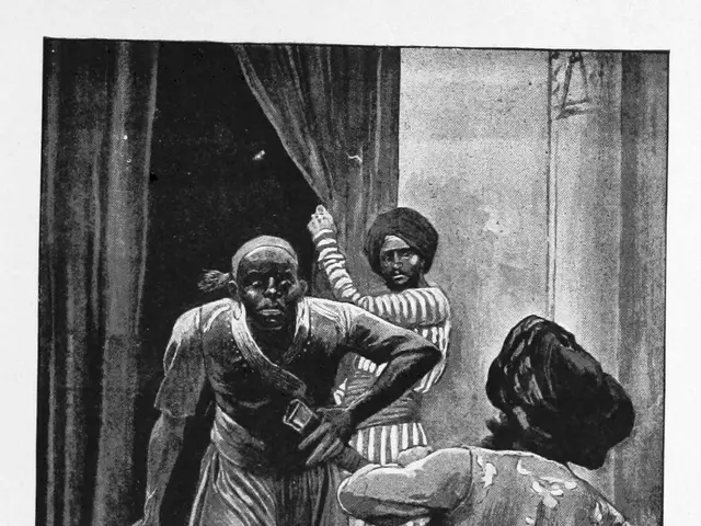 The image shows a black slave being attacked by a man with a large knife. The man is standing on...