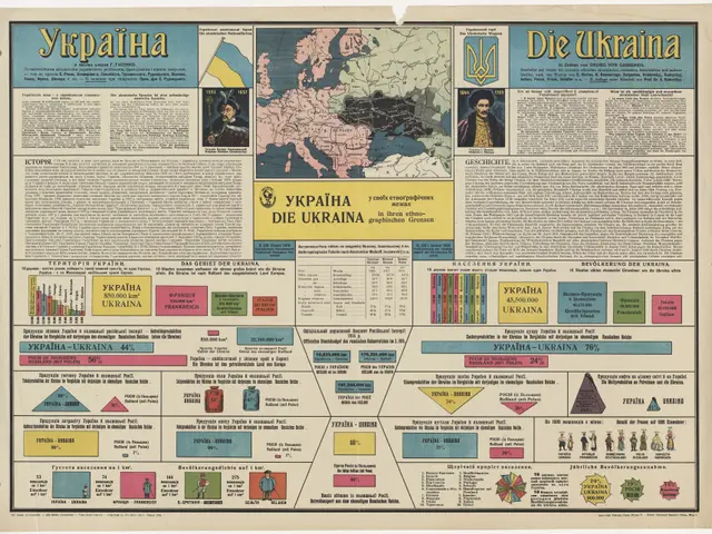 The image shows a poster with a map of Ukraine on it. The map is filled with various colors and...