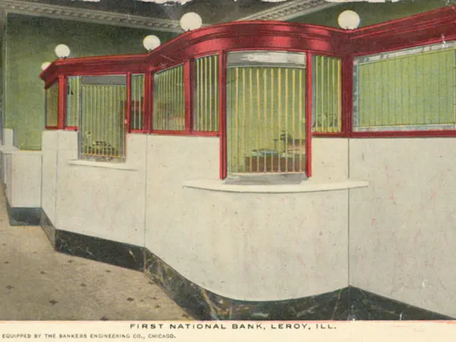 The image shows an old postcard of the first national bank in Leroy, Illinois. It features a room...