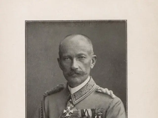 The image shows an old black and white photo of a man in uniform, identified as von deimling, the...