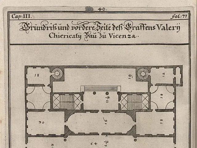 The image shows a drawing of a building with a lot of windows and pillars, as well as a plan of the...