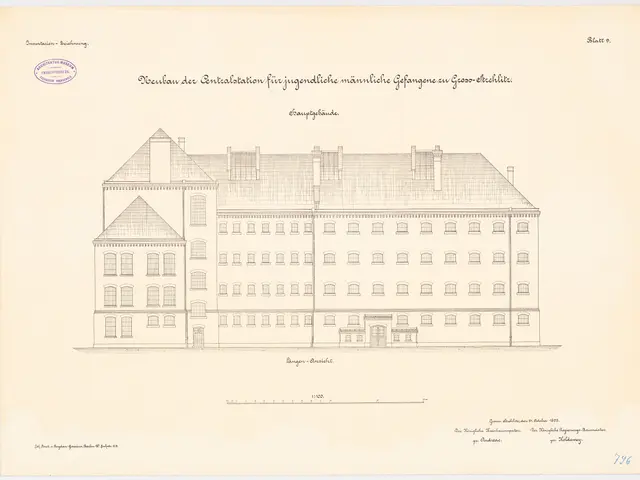 The image shows a drawing of a large building with a lot of windows, which is the building of the...