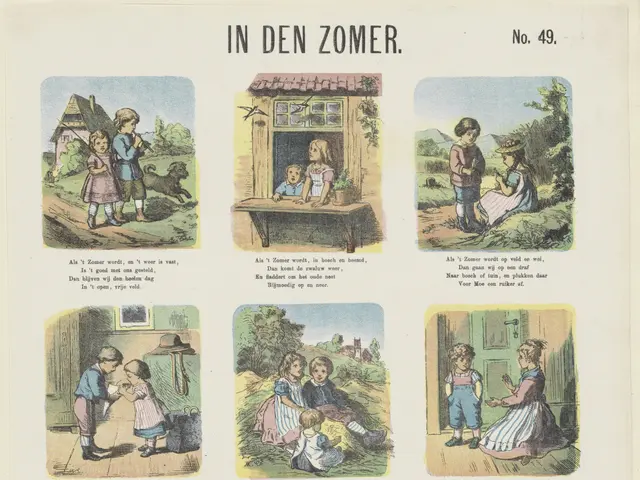 The image shows a paper with pictures of children playing in the garden, accompanied by text. The...