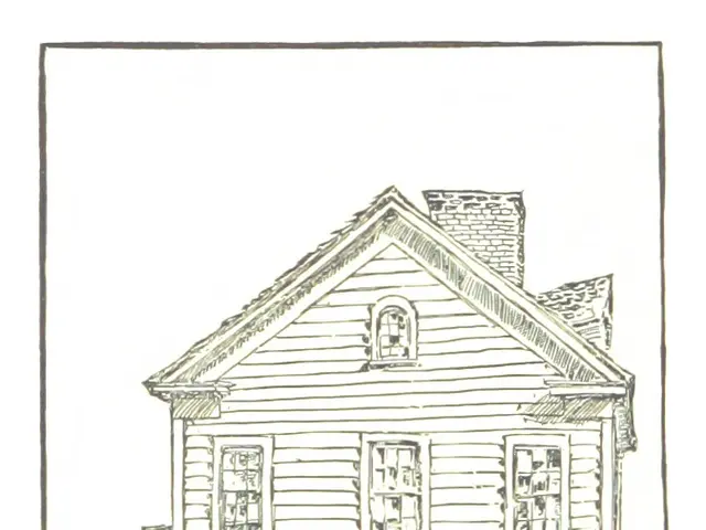 The image shows a drawing of the first tobacco factory in Detroit, with a few people standing in...