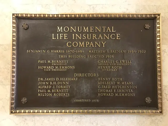 The image shows a plaque on the side of a building that reads "Monumental Life Insurance Company"....