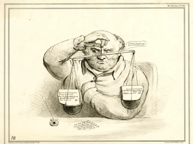 The image shows a man sitting at a table with a scale of justice in front of him. He is wearing a...