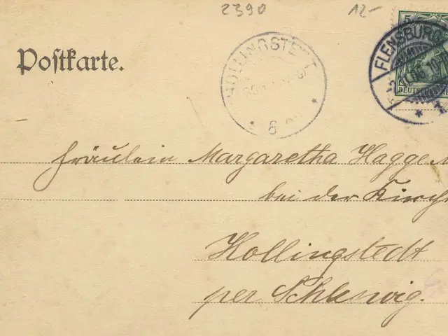 The image shows an old postcard with a stamp on it, which is an envelope from Germany with the text...