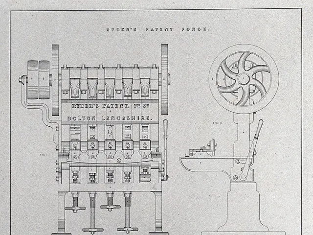 The image shows a drawing of a machine with a wheel on it, which is likely a patent for a hydraulic...
