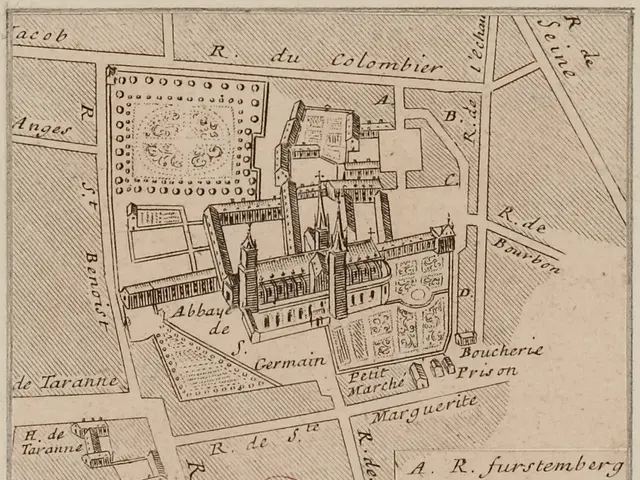 The image shows an old map of a city with a building in the center. The paper has text written on...