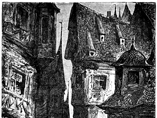 The image shows a black and white drawing of a street scene with a group of people in the...