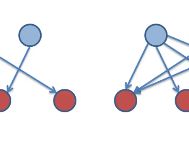 The image shows a diagram of a network with red and blue circles connected to each other,...