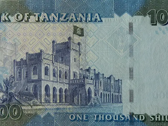 The image shows a Tanzania 1000 shillings banknote with a picture of a building and a flag on it....