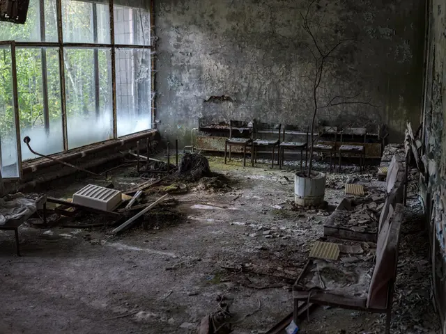 The image shows an abandoned hospital in Pripyat, Chernobyl, Ukraine. The room is filled with...