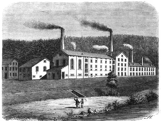 The image shows a black and white engraving of a factory with smoke coming out of its chimneys,...