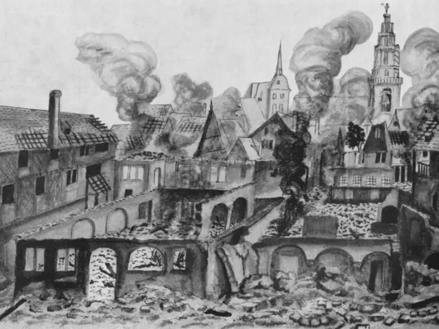 The image shows a black and white drawing of a city with smoke billowing out of it, depicting the...